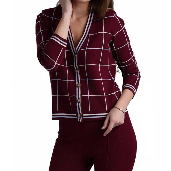 NEW MINNIE ROSE viscose blend plaid cardigan with tipping in bordeaux combo